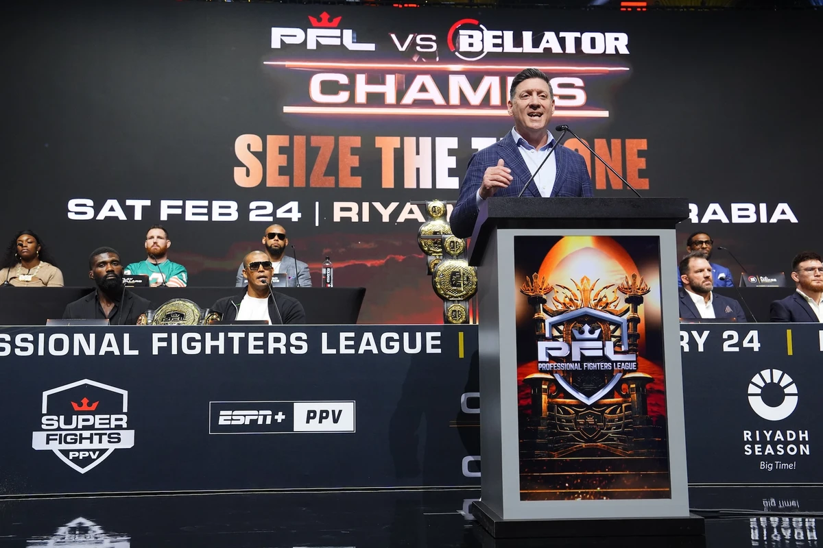 PFL CEO Peter Murray announcing the line-up for the PFL Champions vs Bellator Champions at the press conference in Hollywood, Florida