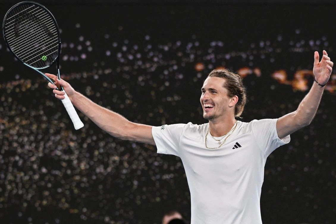 Germany’s Alexander Zverev celebrates after victory against Spain’s Carlos Alcaraz during their men’s singles quarter-final match on day 11 of the Australian Open tennis tournament in Melbourne on Jan. 25, 2024. (AFP)