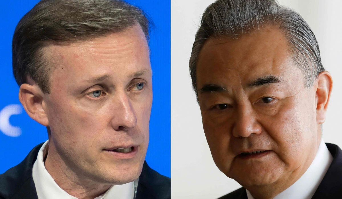 This combination of pictures created on January 25, 2024 shows US National Security Advisor Jake Sullivan in Davos, on January 16, 2024 andina's Foreign Minister Wang Yi in Brasilia on January 19, 2024. (AFP)