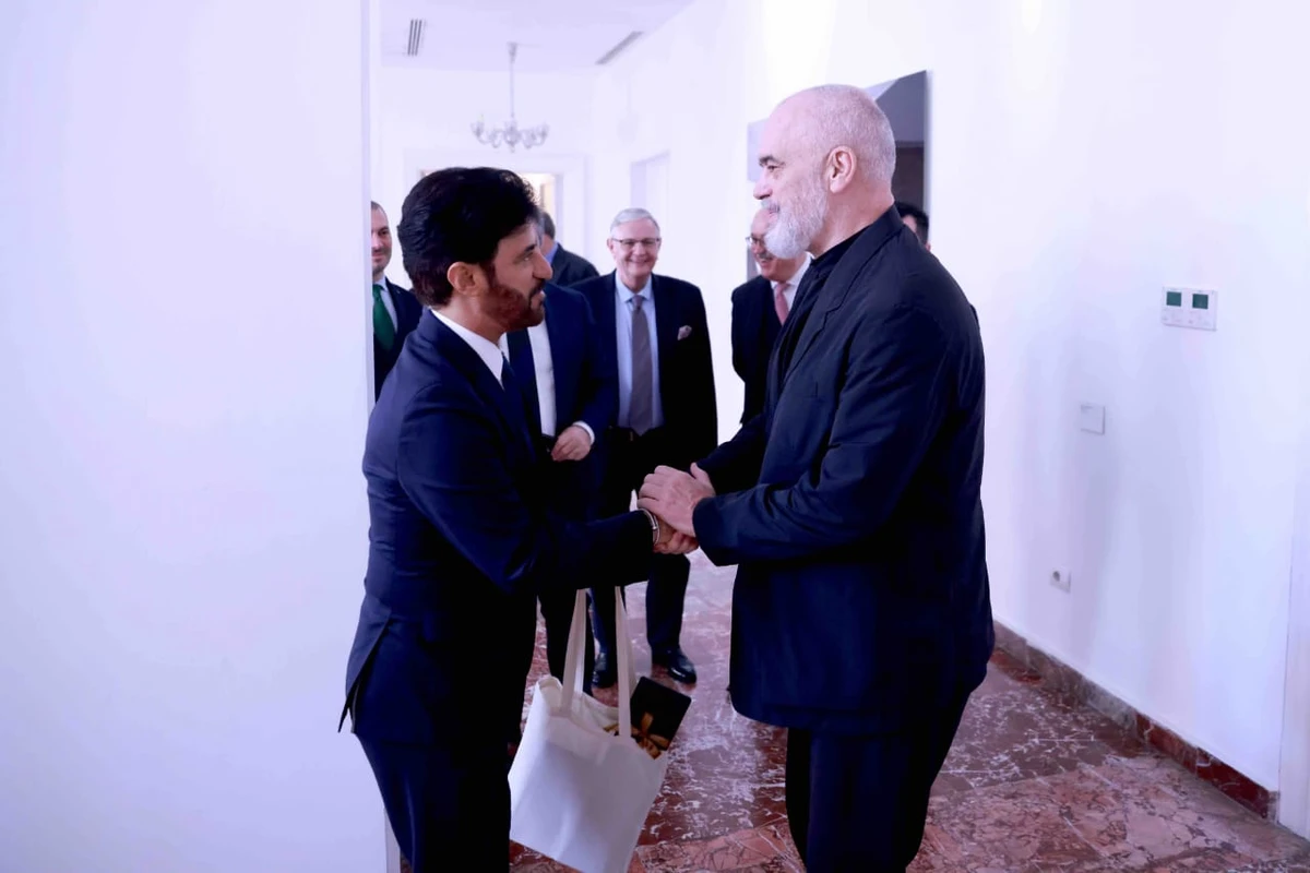 Mohammed Ben Sulayem, President of the International Automobile Federation (FIA), with Albanian Prime Minister Edi Rama. (Supplied)