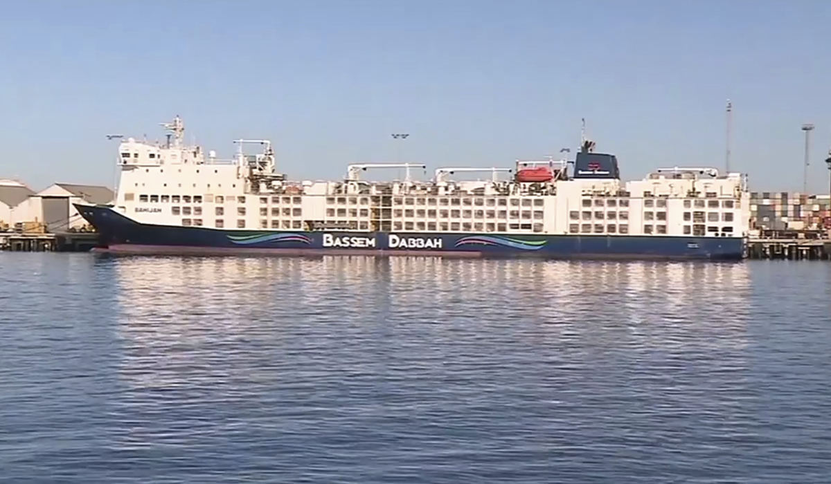 This image made from video shows MV Bahijah ship, with sheep and cattle on board, at a port in Fremantle, Australia, Friday, Feb. 2, 2024. (AP)