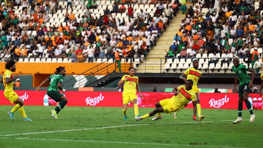 Nigeria’s Ademola Lookman scores their first goal during the Africa Cup of Nations quarterfinal between Nigeria and Angola at Stade Felix Houphouet-Boigny, Abidjan, Ivory Coast on Feb. 2, 2024. (Reuters)