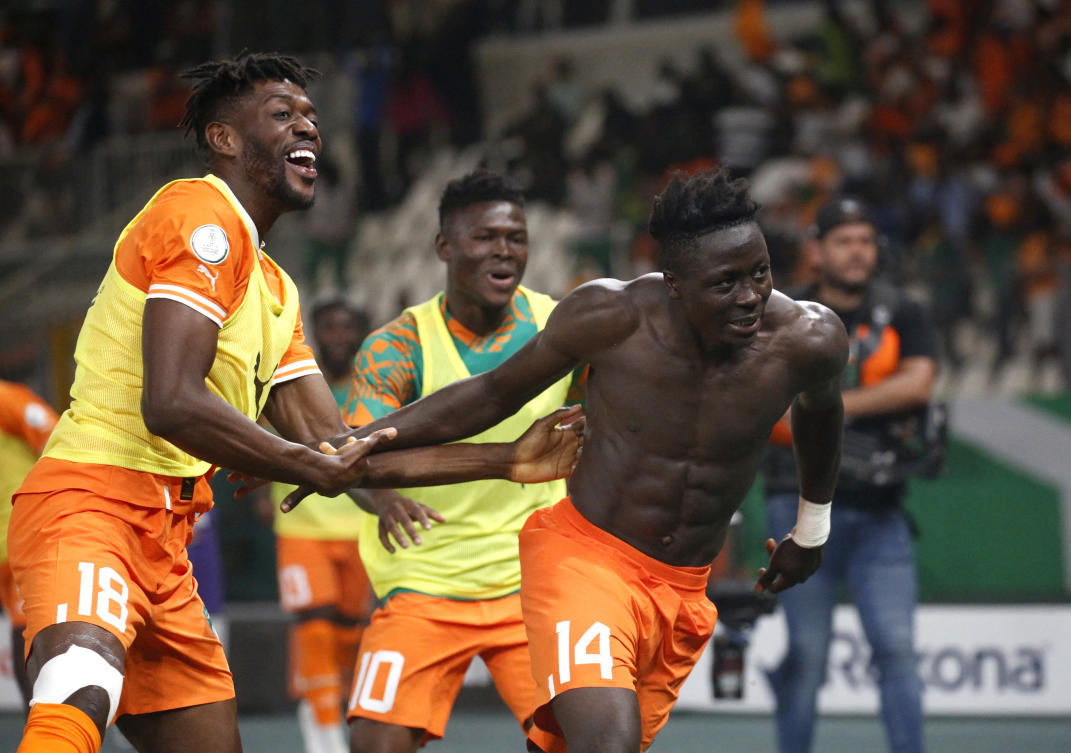 Ivory Coast's Oumar Diakite celebrates scoring their second goal with teammates durign their Africa Cup of Nations - Quarter Final against Mali at Stade de la Paix, Bouake, on Feb. 3, 2024. (Reuters)