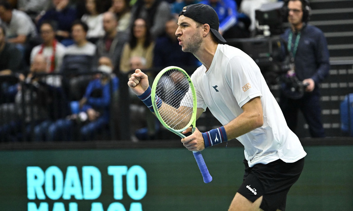 Germany's Jan-Lennard Struff celebrates a point as he plays against Hungary's Mate Valkusz during the Davis Cup Qualifier singles tennis match between Hungary and Germany for the 2024 Davis Cup Finals in Tatabanya, Hungary on February 3, 2024. (AFP)