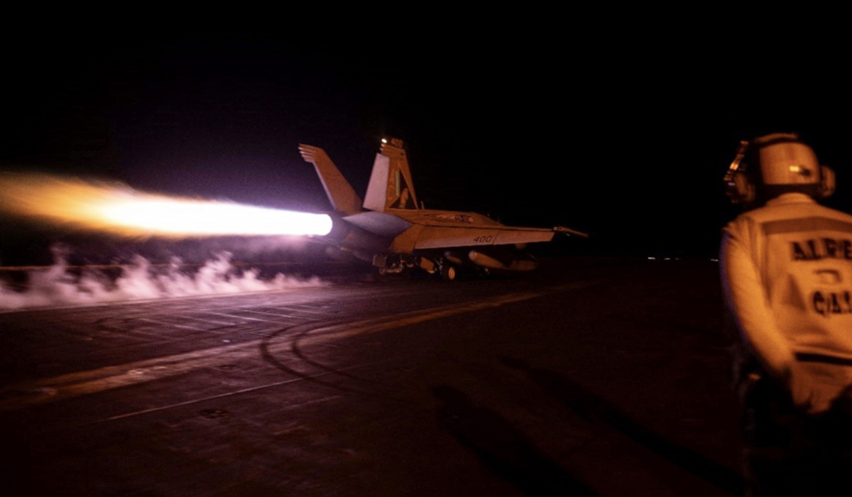 In this photo released by the US military's Central Command on February 3, 2024, US Central Command forces, alongside UK Armed Forces and with the support from Australia, Bahrain, Canada, Denmark, the Netherlands, and New Zealand conducted strikes against 36 Houthi targets at 13 locations in Iranian-backed Houthi controlled areas of Yemen. (AFP)