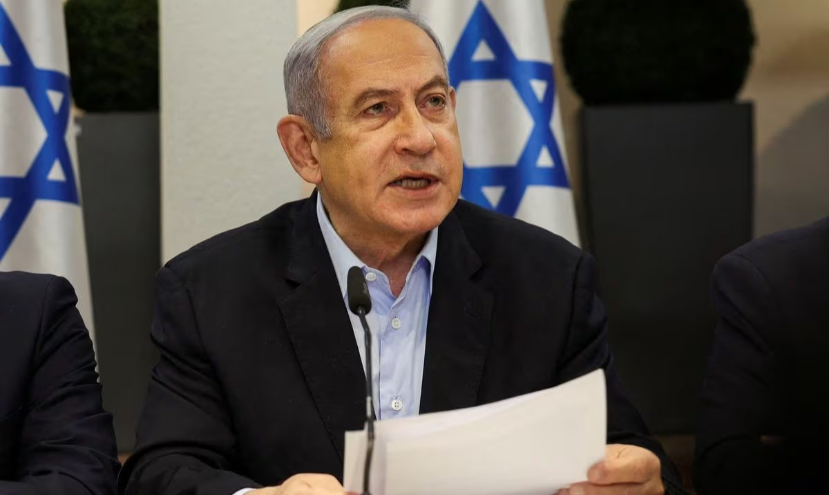 Israeli Prime Minister Benjamin Netanyahu speaks during the weekly cabinet meeting at the Defense Ministry in Tel Aviv, Israel, January 7, 2024. (Reuters)