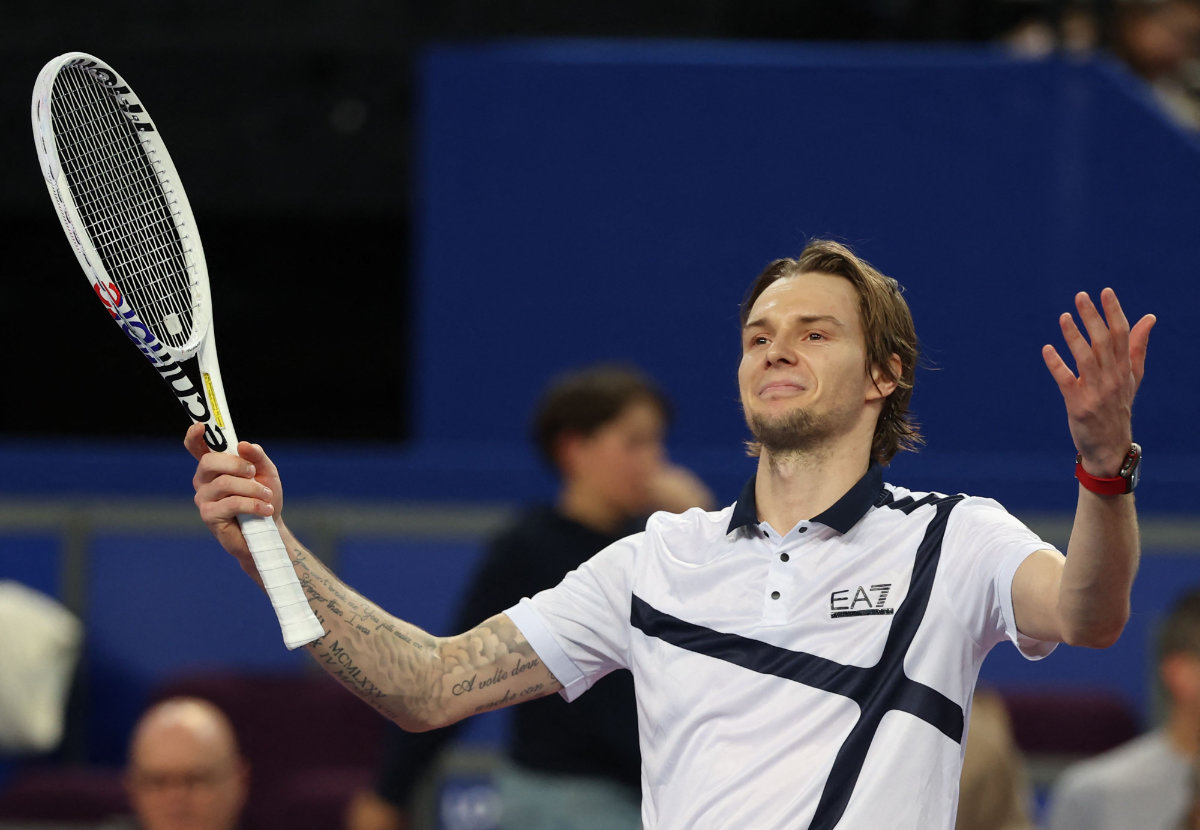 Kazakhstan's Alexander Bublik celebrates his victory after winning the ATP World Tour Open Sud de France final tennis match against Croatia's Borna Coric, in Montpellier, southern France, on February 4, 2024. (AFP)
