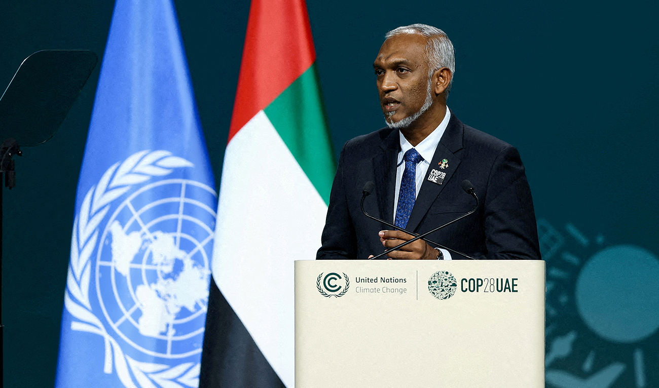 President of the Maldives Mohamed Muizzu delivers a national statement at the World Climate Action Summit during the United Nations Climate Change Conference (COP28) in Dubai, United Arab Emirates, December 1, 2023. (REUTERS/File)