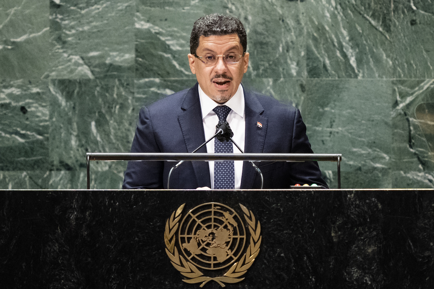 Ahmed Awad bin Mubarak addresses the 76th Session of the United Nations General Assembly in New York City. (File/AFP)