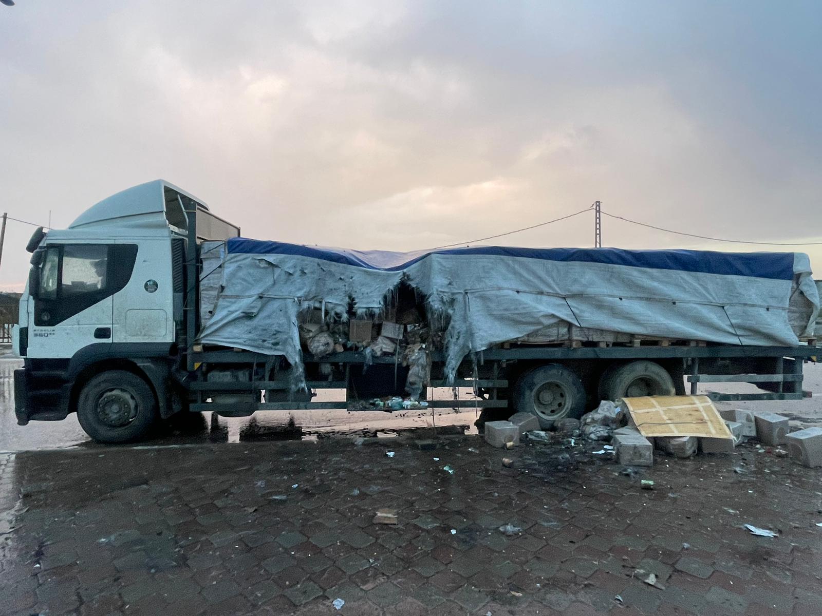 A UN humanitarian convoy carrying food aid hit by Israeli naval gunfire trying to cross northern Gaza Strip. (UNRWA)