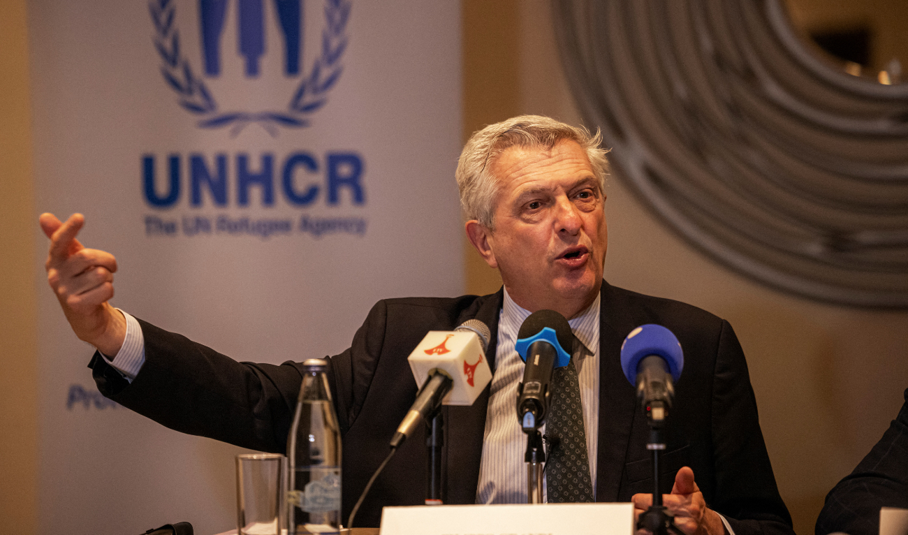 United Nations High Commissioner for Refugees (UNHCR) Filippo Grandi answers questions from journalists during a press conference in Addis Ababa on January 31, 2024. (AFP/File)