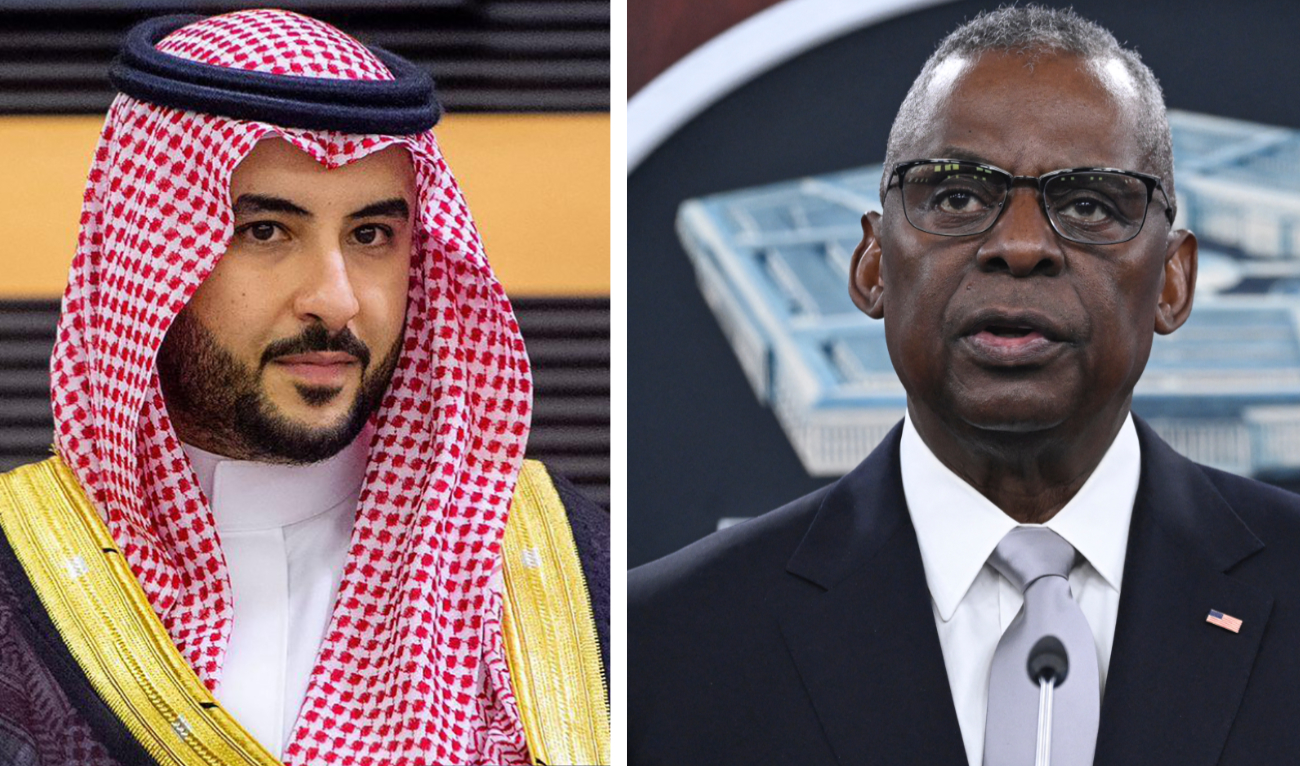 Saudi Arabia’s Defense Minister Prince Khalid bin Salman and US Secretary of Defense Lloyd Austin. (AFP/File)