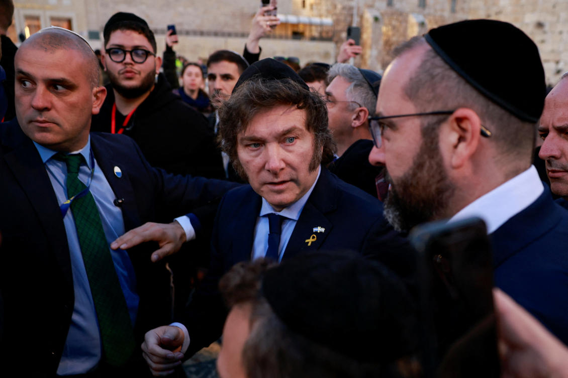 Argentina’s President Javier Milei visits the Western Wall, Judaism’s holiest prayer site during his tour in Jerusalem’s Old City, Feb. 6, 2024. (Reuters)