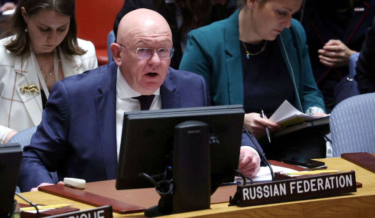 Russian Ambassador to the UN Vassily Nebenzia addresses the United Nations Security Council at UN headquarters in New York, US., October 18, 2023. (REUTERS)