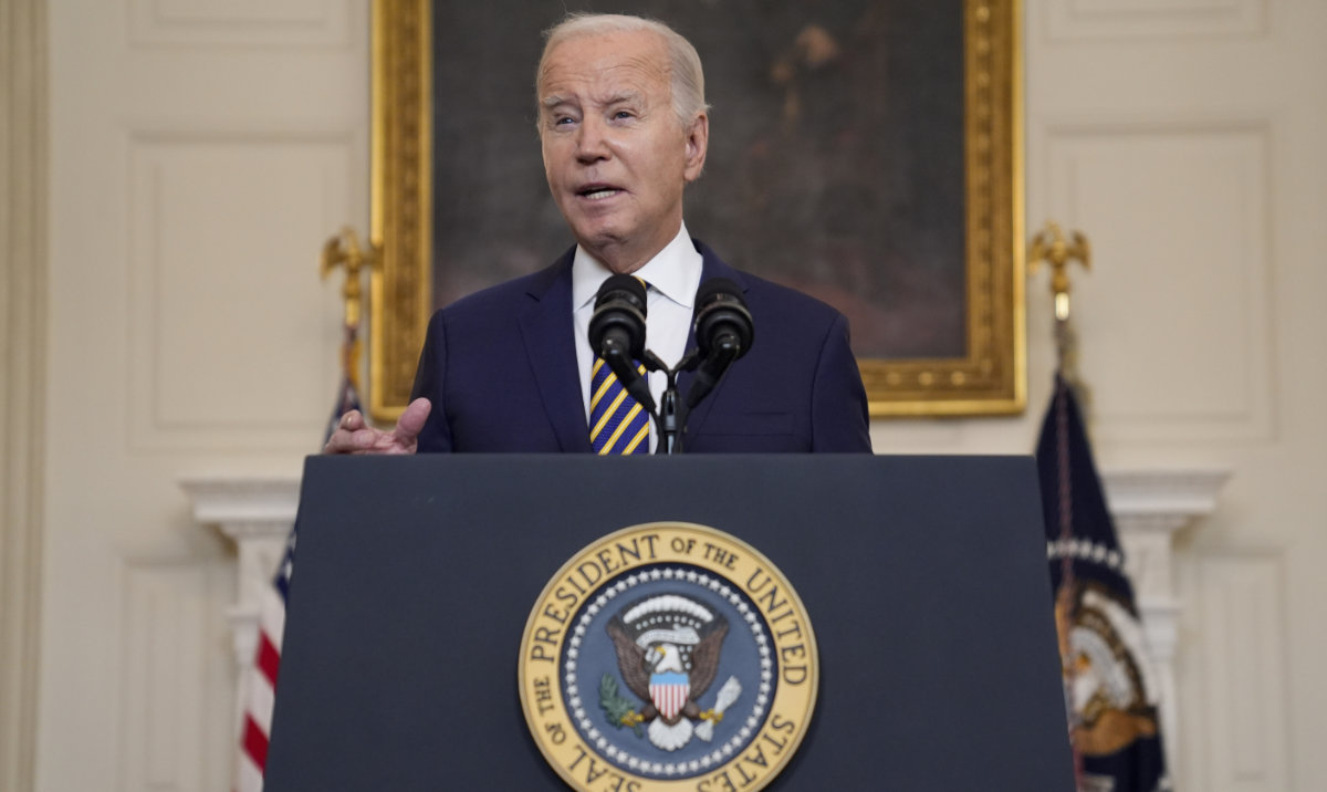 President Joe Biden delivers remarks on the Emergency National Security Supplemental Appropriations Act in the State Dining Room of the White House, Tuesday, Feb. 6, 2024, in Washington. (AP)