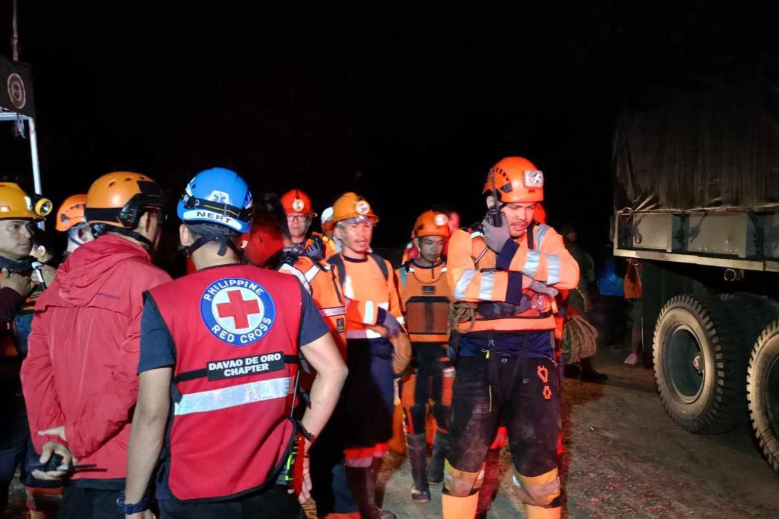 Rescue personnel arrive for search and rescue operations following a landslide in Maco municipality in Davao de Oro province on Feb. 6, 2024. (Philippine Red Cross – Davao de Oro Chapter/AFP)