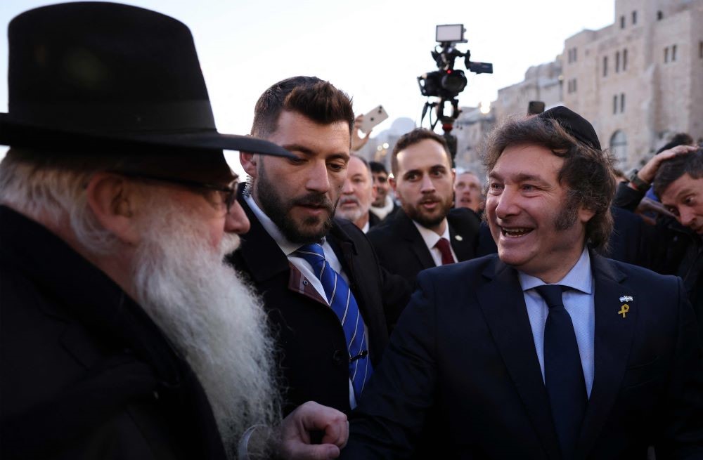 Argentina’s President Javier Milei visits the Western Wall in Jerusalem’s Old City, Feb. 6, 2024. (AFP)