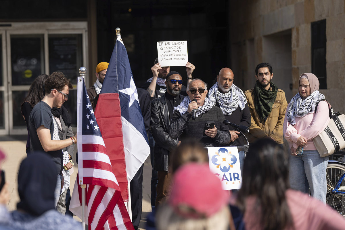 Hatem Natsheh, a member of Austin for Palestine coalition, speaks during a press conference outside City Hall in Austin, Texas, on Feb. 6, 2024, in Austin, Texas. (Austin American-Statesman via AP)
