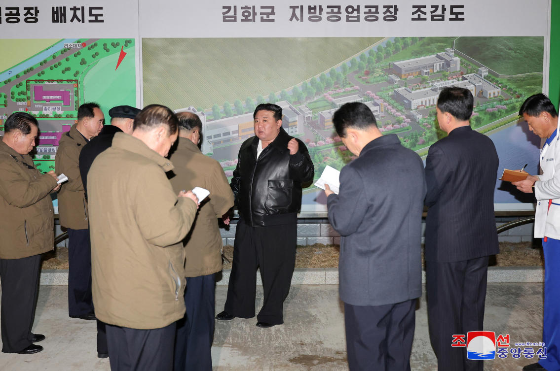 Pyongyang officials have voted to scrap the law on inter-Korean economic cooperation ‘with unanimous approbation.’ Above, North Korean leader Kim Jong Un visits a local industrial factory in Gimhwa-gun on Feb., 2024. (KCNA via Reuters)