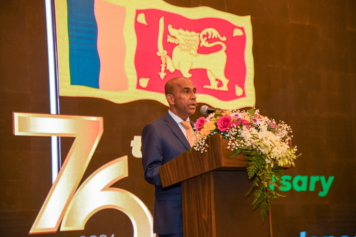 Sri Lankan Ambassador Pakeer Mohideen Amza speaking at National Day reception. (Supplied)