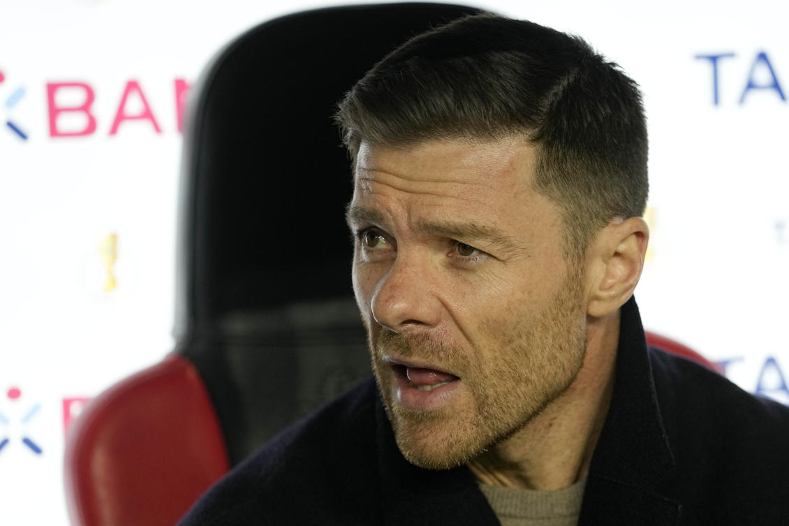 Leverkusen’s head coach Xabi Alonso arrives for the German soccer cup quarterfinal match against VfB Stuttgart at the BayArena in Leverkusen on Feb. 6, 2024. (AP)