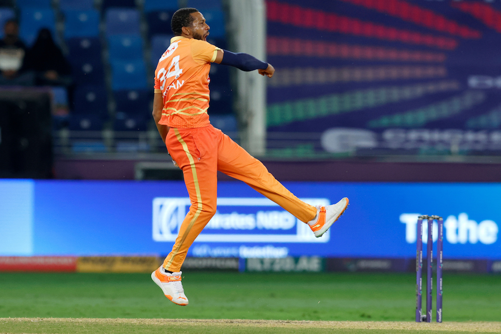 The Giants bowling attack, led by Chris Jordan (pictured), then fired on all cylinders to restrict MI Emirates to 153 for seven for a thrilling five-run win. (Supplied/ILT20)