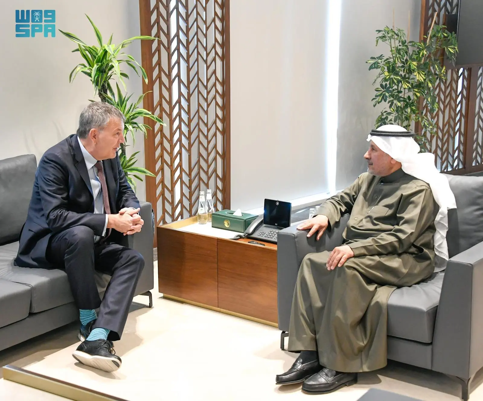 KSrelief General Supervisor Dr. Abdullah Al-Rabeeah meets Commissioner-General of the UNRWA Philippe Lazzarini. (SPA)