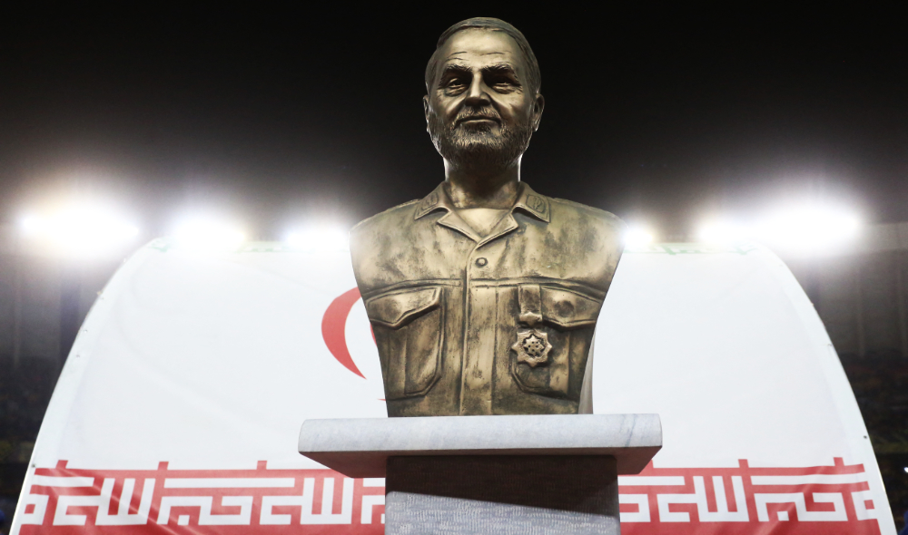 A bust of slain Iranian Revolutionary Guards commander Qasem Soleimani is displayed before the AFC Champions League Group C match between Iran’s Sepahan and Saudi Arabia’s Al-Ittihad on Oct 2, 2023, which resulted in the game’s cancellation. (Tasnim News/AFP)