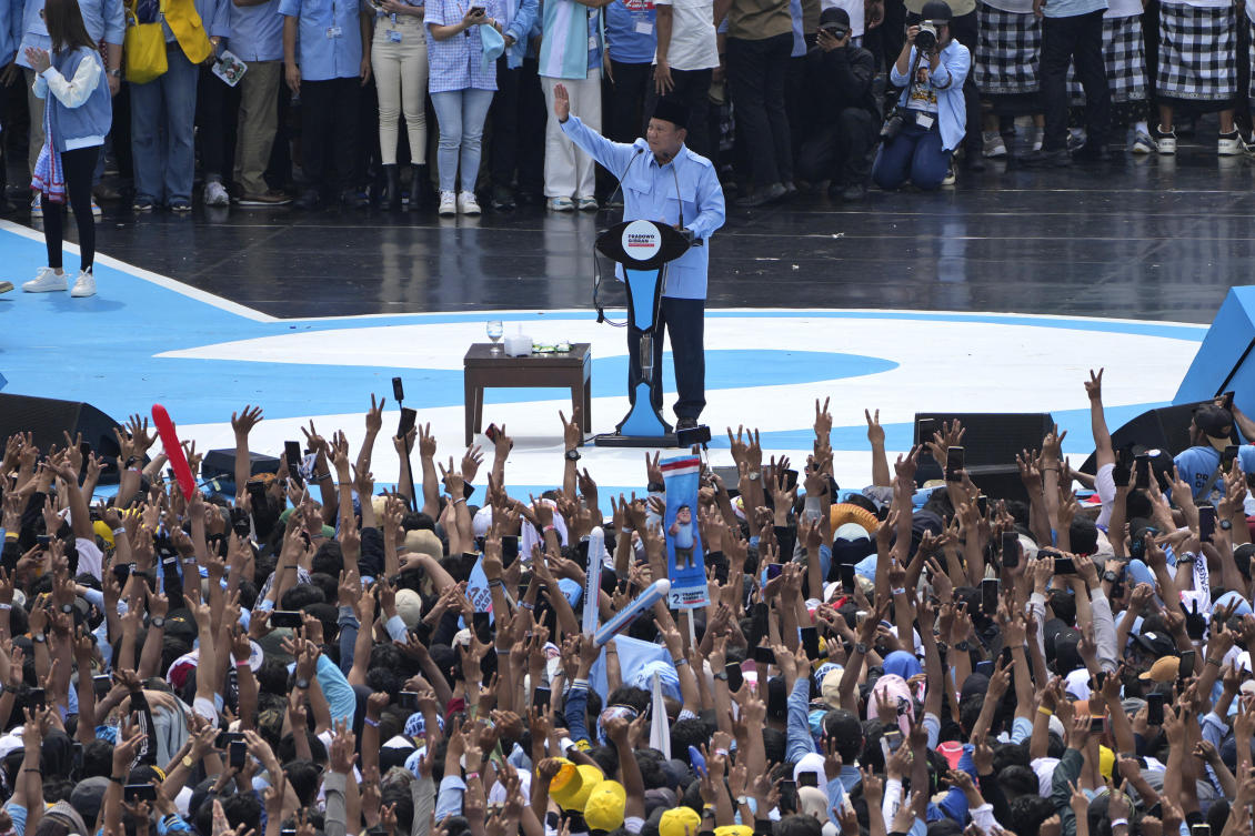 Indonesian presidential election front runner Prabowo Subianto has campaigned on a pledge to eradicate extreme poverty, provide free school meals to children and milk to pregnant women, and continue President Joko Widodo’s development drive. (AP)