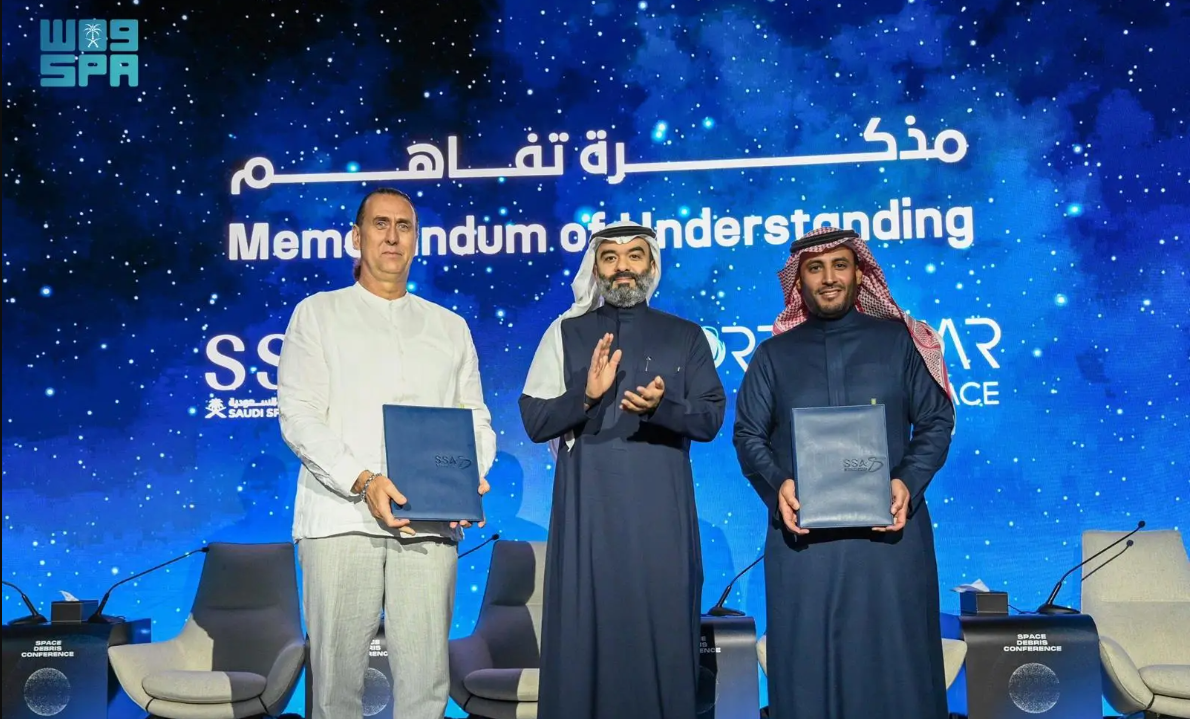 Abdullah Al-Swaha, the chairman of the Saudi Space Agency, is flanked by Mohammed bin Saud Al-Tamimi, CEO of the Saudi Space Agency, and the CEO of NorthStar Earth & Space Stewart Bain. (SPA)