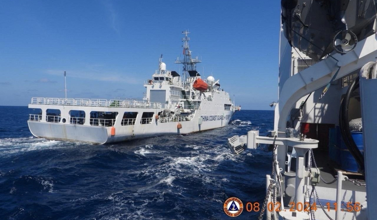 A China Coast Guard vessel manoeuvres near Philippine Coast Guard vessel BRP Teresa Magbanua near Scarborough Shoal in the South China Sea, Philippines, February 8, 2024. (REUTERS)