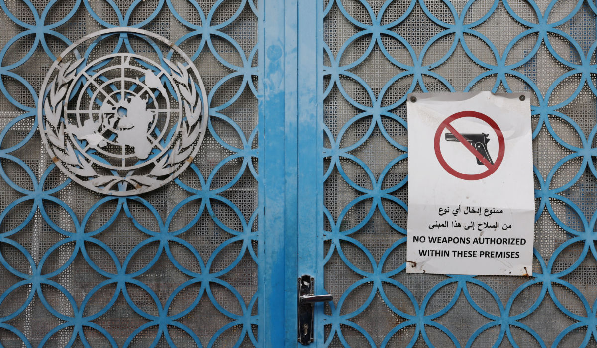 The UNRWA school gate is pictured in the Aida refugee camp in Bethlehem in the Israeli-occupied West Bank, February 5, 2024. (REUTERS)