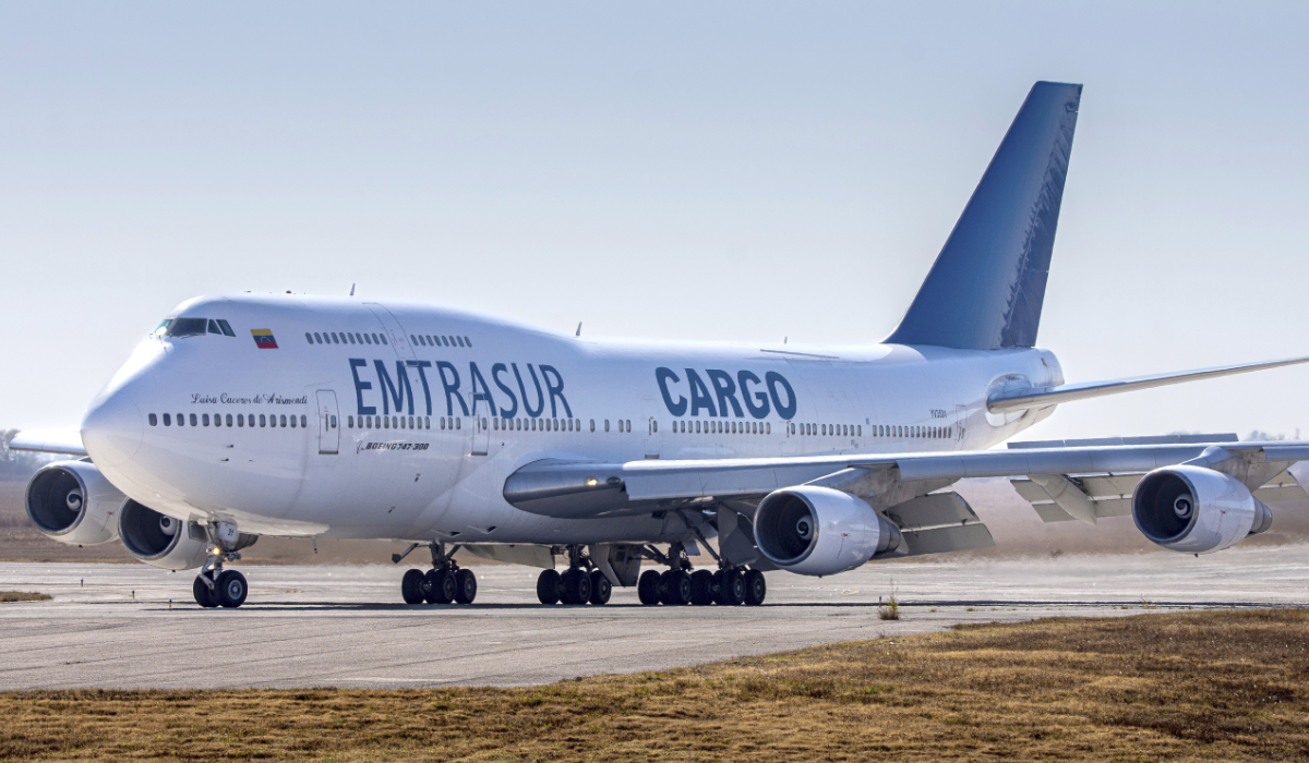 A Venezuelan-owned Boeing 747, operated by Venezuela's state-owned Emtrasur cargo line, taxis on the runway after landing in Cordoba, Argentina, June 6, 2022. (AP)