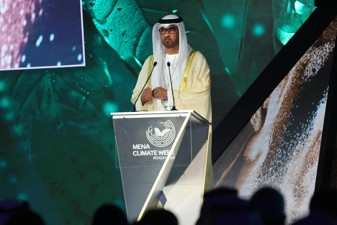 The president of COP28 Sultan Al Jaber addresses the opening session of the Middle East and North Africa (MENA) Climate Week, a UN-organised conference hosted in the Saudi capital Riyadh, on October 8, 2023. (AFP)
