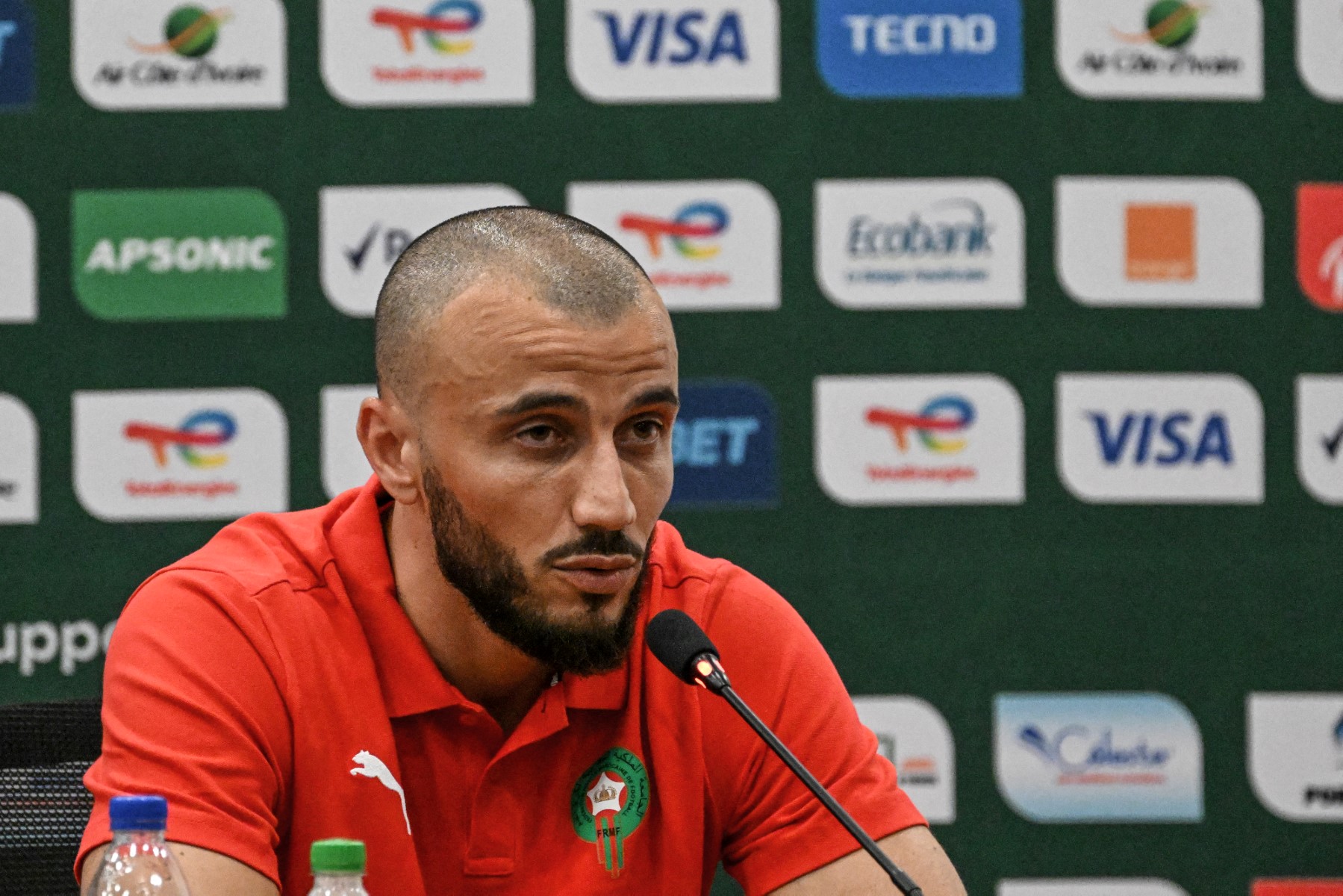 Morocco's defender #6 Romain Saiss speaks during a press conference at the Laurent Pokou stadium in San-Pedro on January 16. (File/AFP)