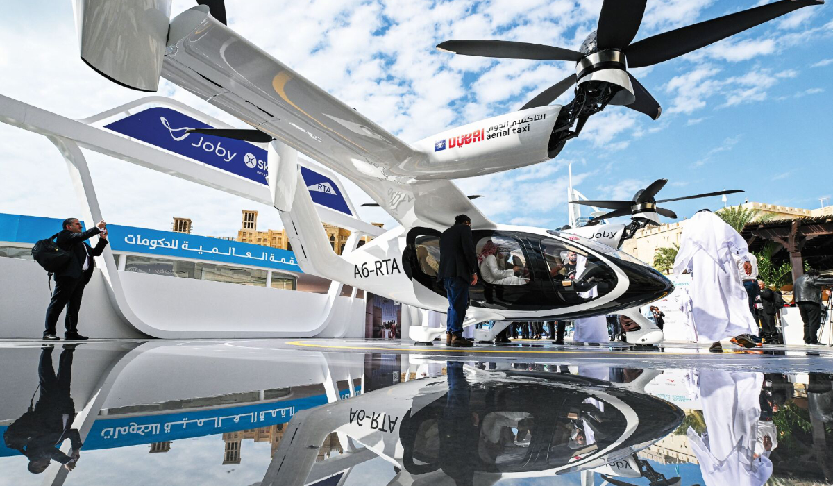A pre-production prototype of the Joby Aviation S4 aircraft is displayed during the World Governments Summit in Dubai on February 12, 2024. (AFP)