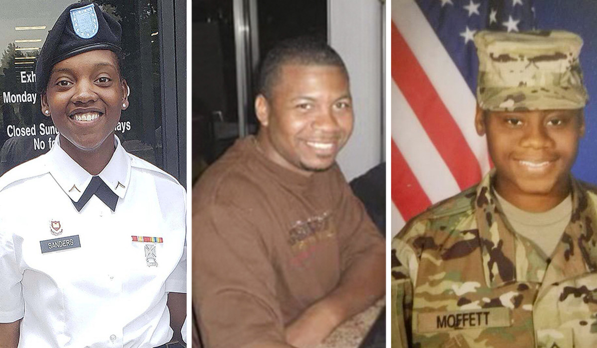 This combination of photos provided by Shawn Sanders, left, and the U.S. Army, center and right, show from left to right, Sgt. Kennedy Sanders, Staff Sgt. William Jerome Rivers and Sgt. Breonna Alexsondria Moffett. (AP)