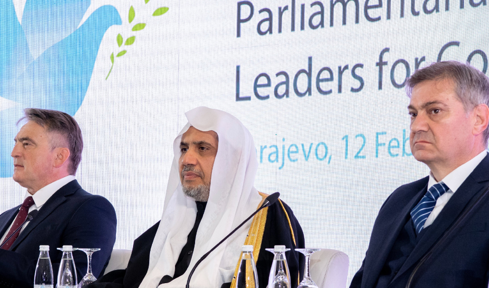 Muslim World League chief, center, with chairman of Bosnia’s presidency, left, and speaker of the parliament. (MWL)