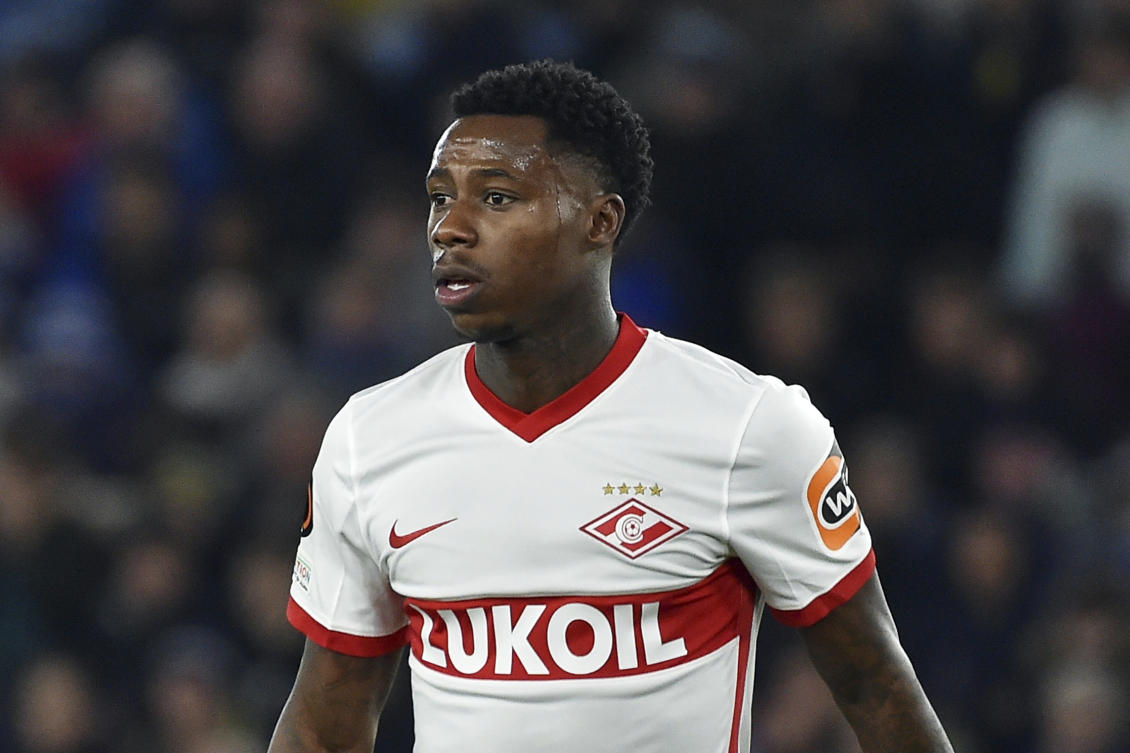 Spartak’s Quincy Promes during their Europa League Group C match against Leicester City at the King Power Stadium in Leicester on Nov. 4, 2021. (AP/File)