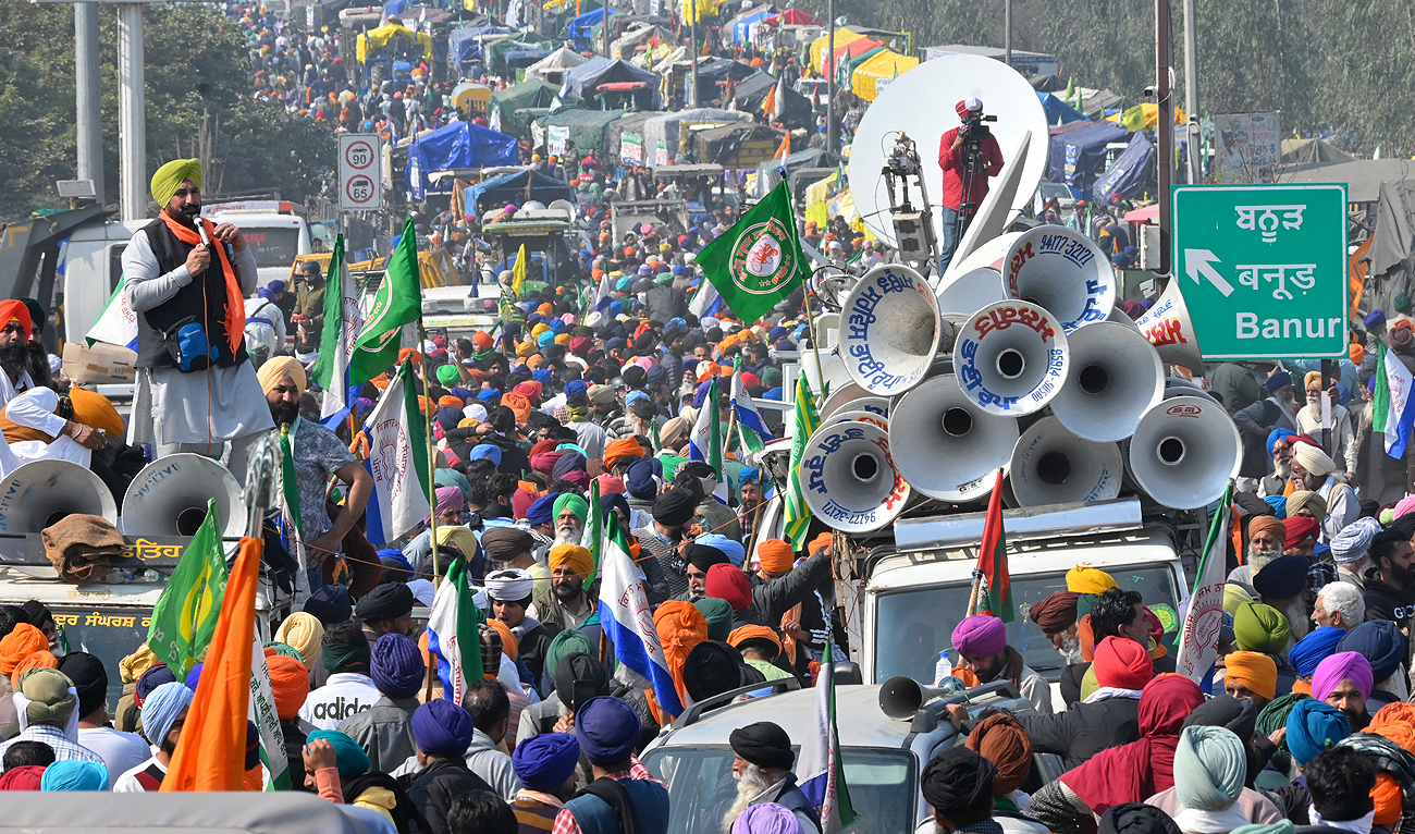 Protesting farmers gather near Shambhu border that divides northern Punjab and Haryana states, almost 200 km (125 miles) from New Delhi on February 14, 2024. (AP)
