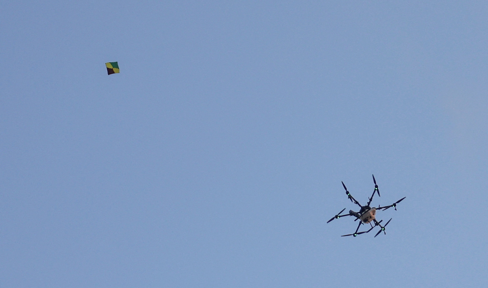 A police drone flies in the sky as farmers march towards New Delhi to press for better crop prices promised to them in 2021, at Shambhu, a border crossing between Punjab and Haryana states, India, on February 14, 2024. (REUTERS)