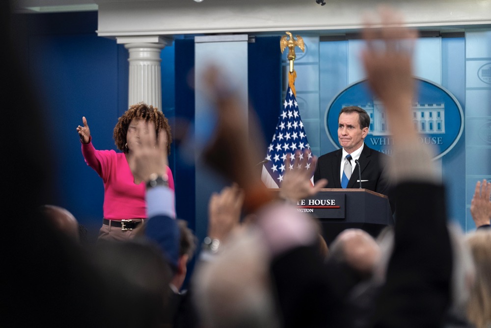White House press secretary Karine Jean-Pierre, left, calls on a reporter as White House national security communications adviser John Kirby appears at a press briefing at the White House in Washington, Thursday, Feb. 15, 2024. (AP)