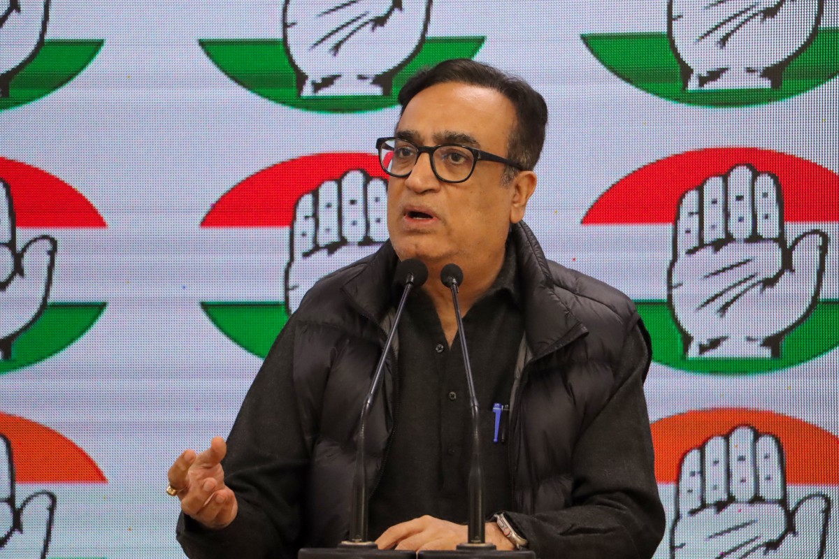 India's Congress party spokesman Ajay Maken addresses a press conference in New Delhi on Feb. 16, 2024. (AFP)
