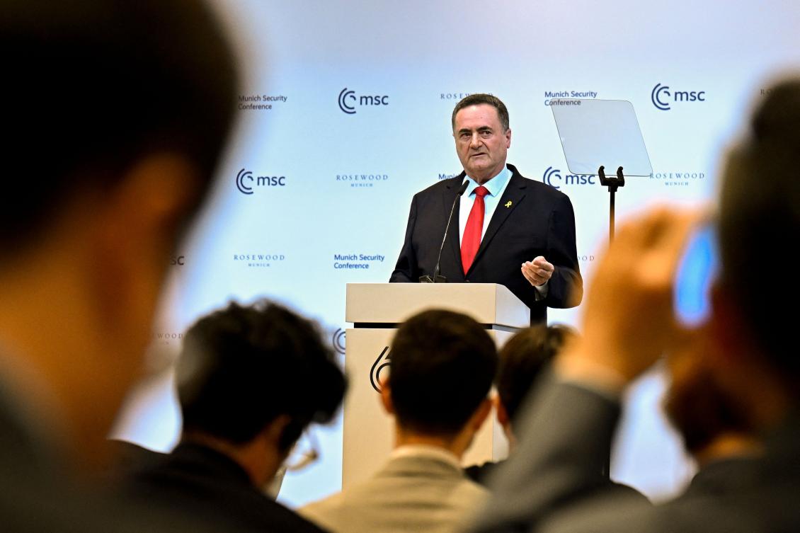 Israel’s Foreign Minister Israel Katz delivers his speech during the 60th Munich Security Conference at the Bayerischer Hof Hotel in Munich on Feb. 16, 2024. (AFP)