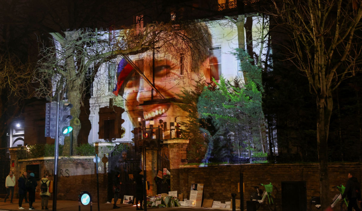 An image of Russian opposition leader Alexei Navalny is projected on the Russian Embassy in London by the group Led By Donkeys on the day his death was announced, in London, Britain, February 16, 2024. (REUTERS)
