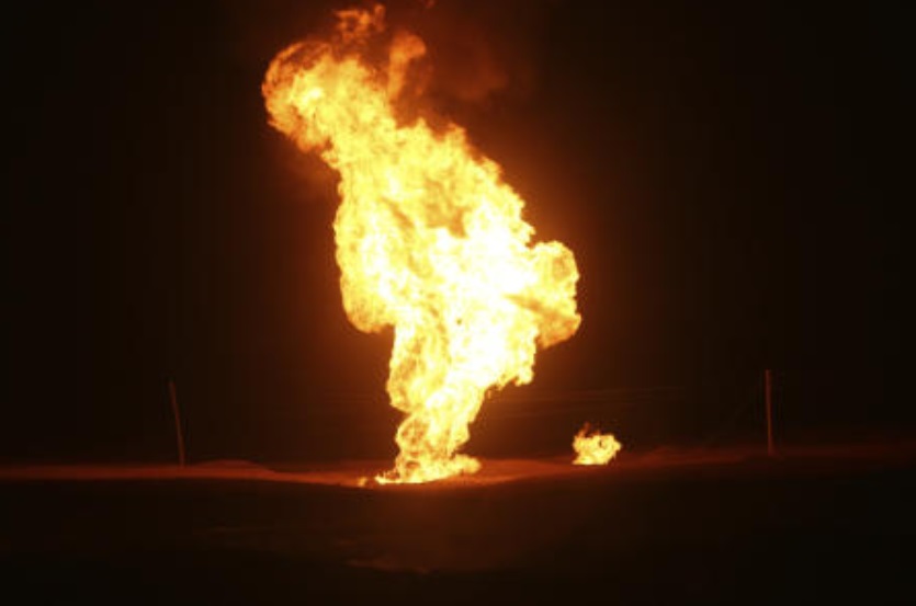 Flames leap into the air after a natural gas pipeline explodes outside the city of Boroujen in the western Chaharmahal and Bakhtiari province, Iran, on Feb. 14, 2024. (AP)