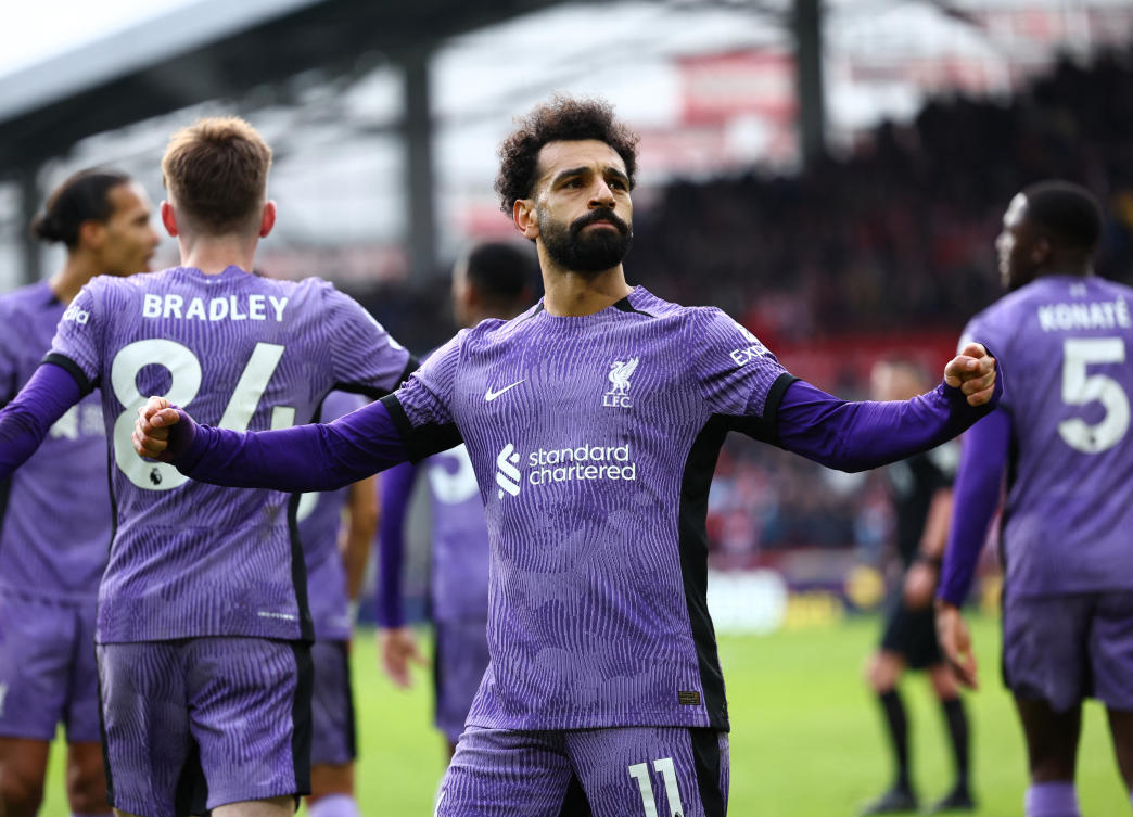 Liverpool’s Mohamed Salah celebrates scoring their third goal during their Premier League match against Brentford at Brentford Community Stadium, on Feb. 17, 2024. (Reuters)