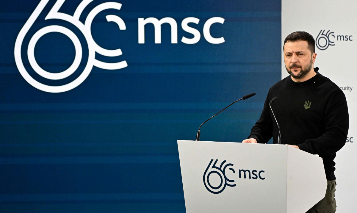 Ukrainian President Volodymyr Zelensky delivers his speech at the 60th Munich Security Conference (MSC) at the Bayerischer Hof hotel in Munich, southern Germany, on February 17, 2024. (AFP)
