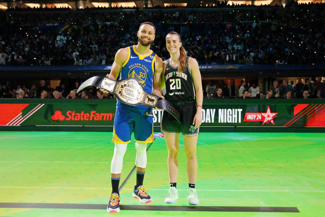 Golden State Warriors guard Stephen Curry and New York Liberty guard Sabrina Ionescu after the Stephen vs. Sebrina three-point challenge during NBA All-Star at Lucas Oil Stadium. (Supplied)