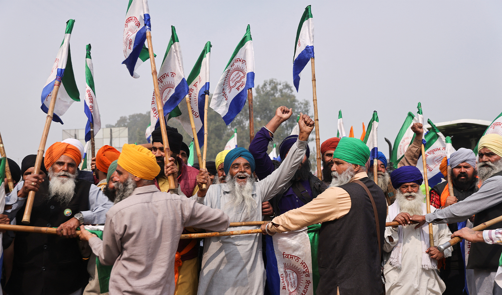 Farmers are stopped as they march to the frontline of a protest, at a site where there are farmers who are marching towards New Delhi to press for the better crop prices promised to them in 2021, at Shambhu barrier, a border between Punjab and Haryana states, India, February 18, 2024. (REUTERS)